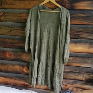 Talbots Knit Linen Open Front Duster Olive Green sz M